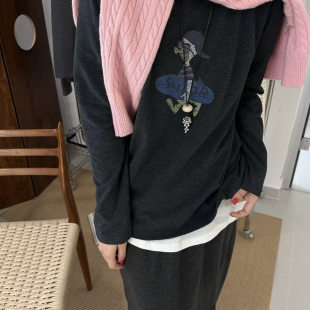 one磨毛长袖T恤女2025秋冬韩版显瘦圆领百搭卡通印花打底衫上衣潮