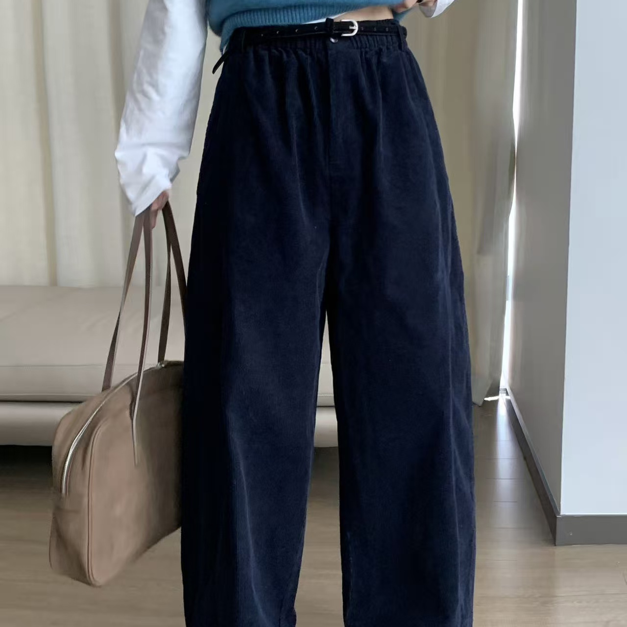 左维zuowooon灯芯绒休闲裤女秋冬松紧高腰条绒九分直筒奶奶气球裤
