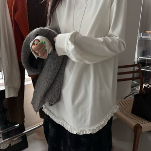 12522 花边加绒T恤女宽松显瘦休闲打底衫 one2025冬款 百搭圆领长袖