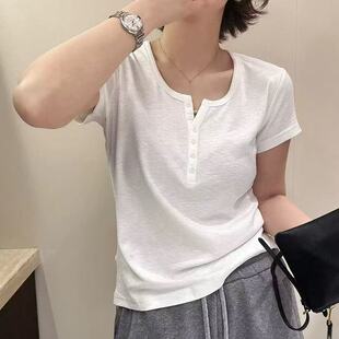 6647壹彩2026夏韩版休闲u领纽扣短袖T恤修身弹力显瘦打底衫上衣女