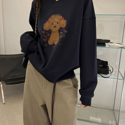 wat卫衣女2025秋韩版休闲圆领小狗印花长袖慵懒风套头上衣WT正版