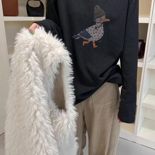 清仓处理不退换one26103卡通鸟长袖 T恤女圆领宽松显瘦磨毛打底衫