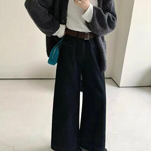 TOP约澜67129韩系高腰阔腿牛仔裤女加厚复合绒韩系宽松直筒长裤子