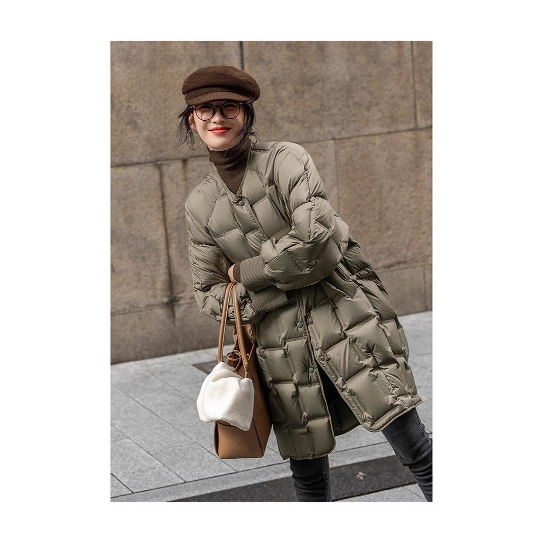 声雨竹2025冬季新款轻量感白鹅绒服压胶羽绒服女中长款文艺轻薄款