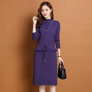 中长款 声雨竹两件套裙子秋冬新款 洋气针织连衣裙女半高领马甲套装