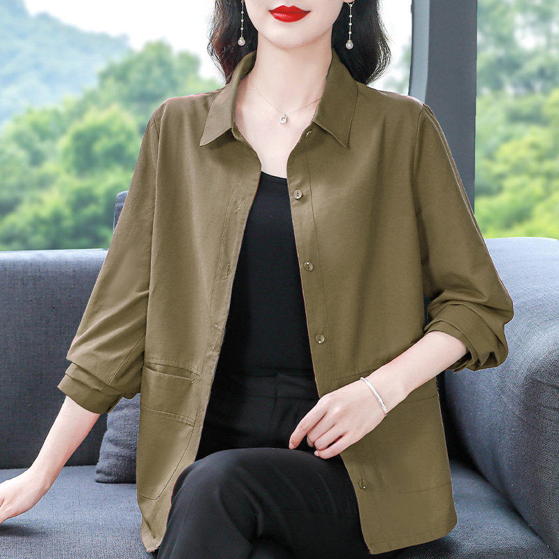 声雨竹纯棉衬衫女士装春秋冬宽松休闲长袖夹克洋气妈妈外套时尚百