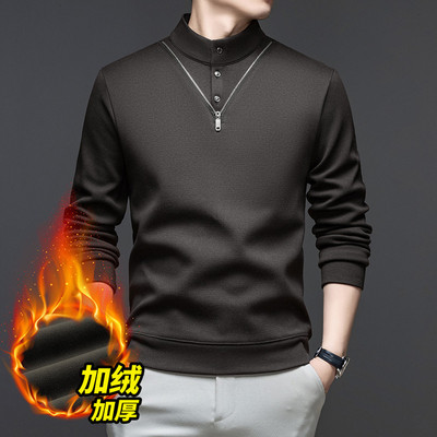 爸爸装半高领加绒卫衣男士长袖羊毛打底衫中年冬季加厚桑蚕丝体恤