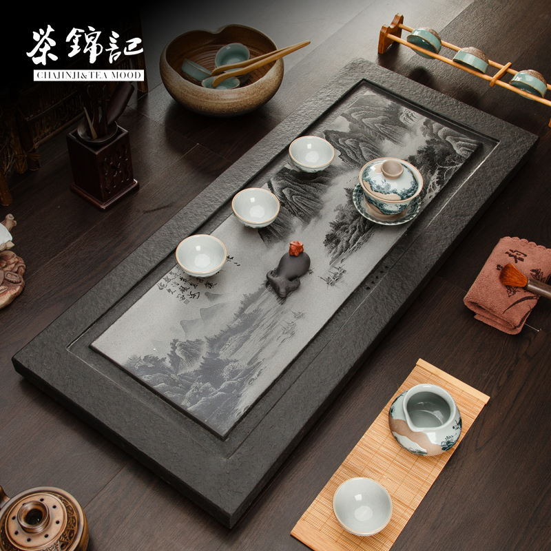 茶锦记茶盘整块石头国画小客厅