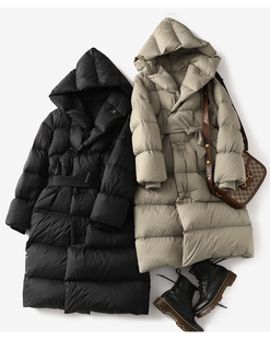 加厚90白鸭绒轻盈保暖长款面包羽绒服女新款+腰带大码羽绒服