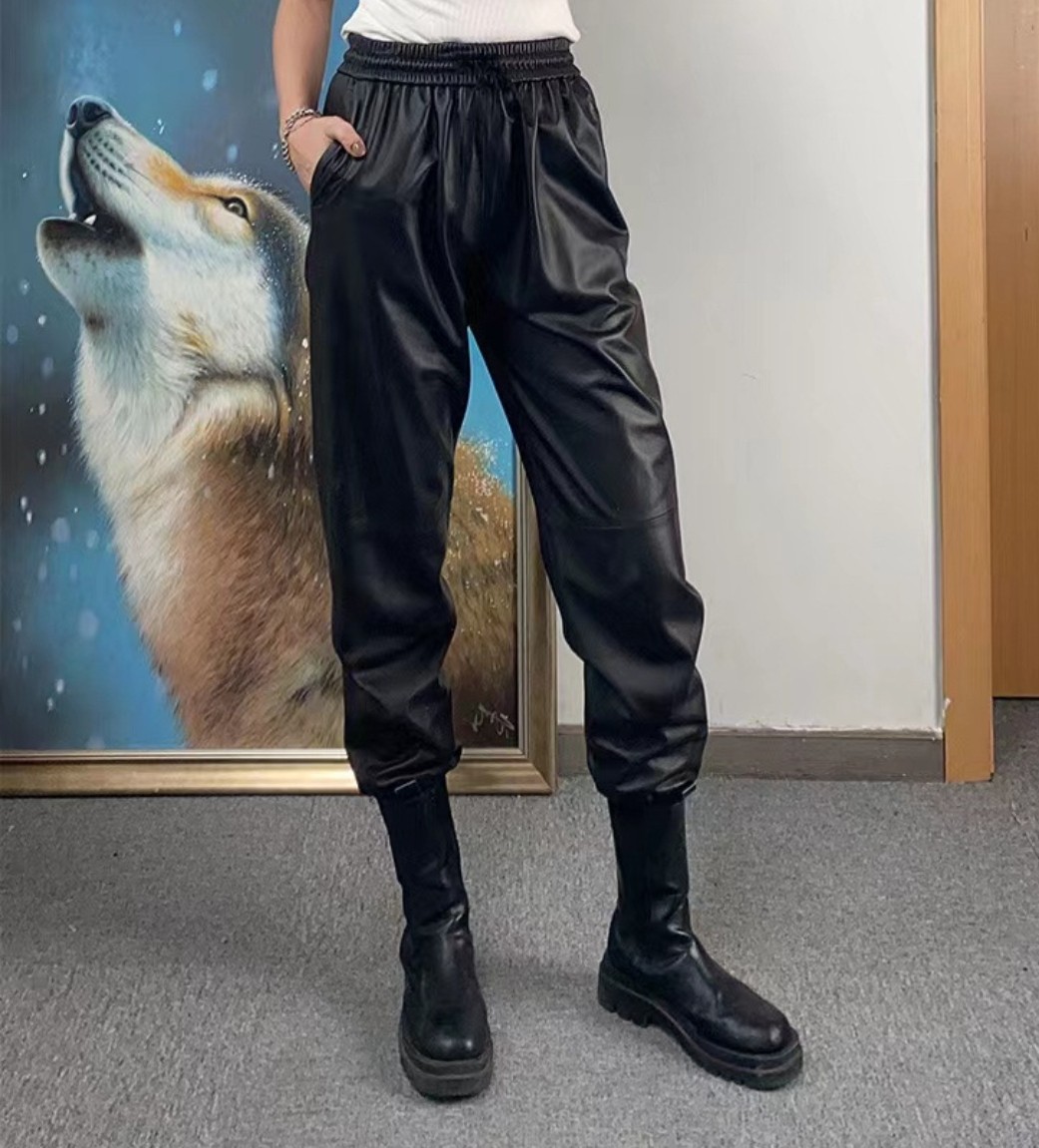 100%绵羊皮真皮皮裤女新款松紧抽绳腰插袋束脚裤真皮绵羊皮皮裤女,女装/女士精品,皮裤,淘宝优惠券,粉丝福利购,淘宝优惠卷