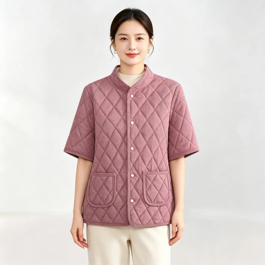 冬季新款女时尚棉衣加绒加厚半袖棉服短袖棉袄休闲百搭妈妈装外套