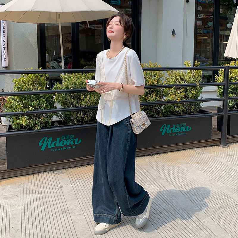 新品现货2025年秋季女新中式假两件休闲套装T恤+阔腿牛仔裤两件套