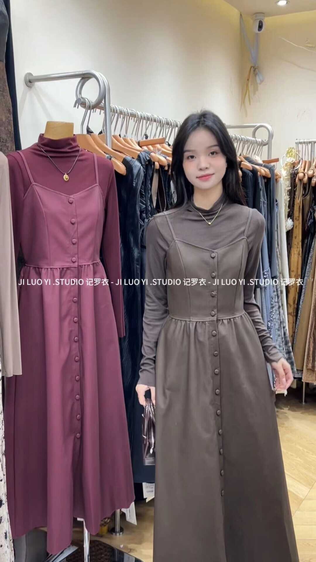 韩版pu皮单排扣侧口袋吊带连衣裙高级感修身显瘦气质长裙