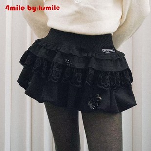 天鹅舞蕾丝拼丝绒花苞裙秋冬弹力高腰蓬蓬裙 KSMILE 4MILE