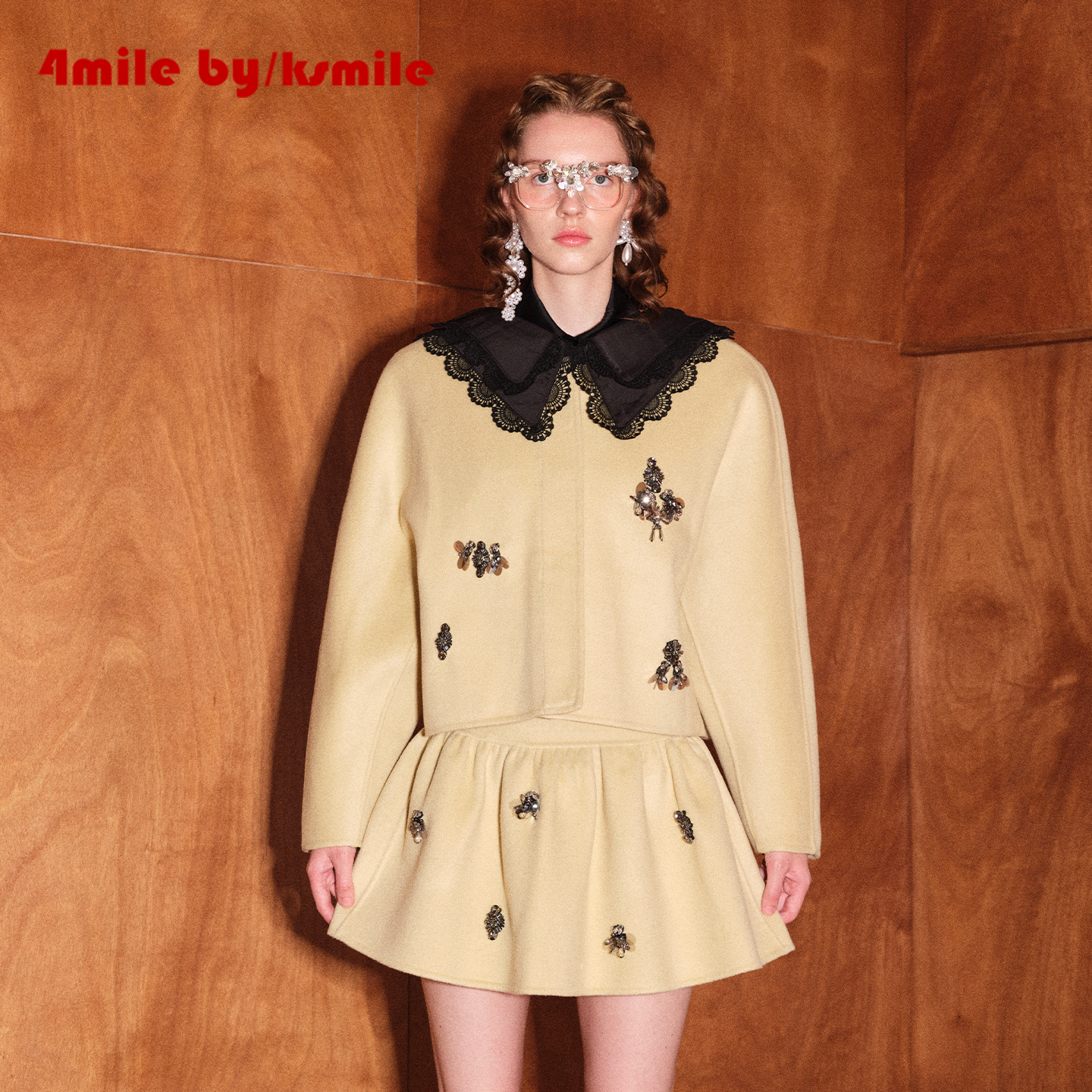 4MILE BY KSMILE | 波尔卡千金奶酪黄蕾丝领羊毛裙秋冬钉珠套装