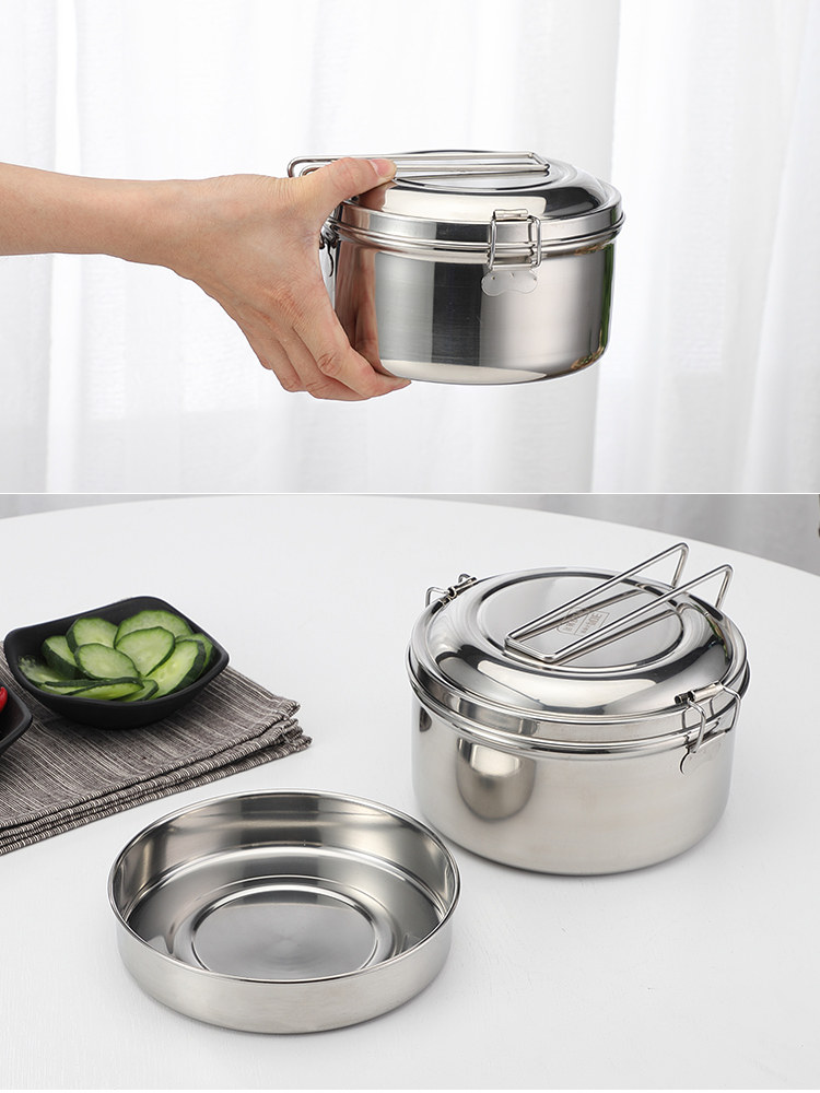 加厚蒸饭盒304不锈钢饭盒圆形单双层食堂饭缸成人便当盒学生带盖