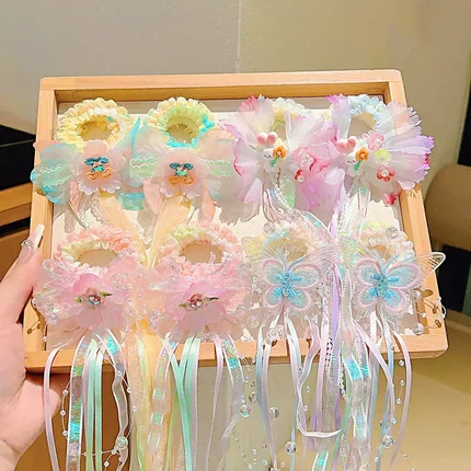 儿童古风汉服头饰发圈表演配饰女童流苏蝴蝶飘带发饰皮筋公主发绳