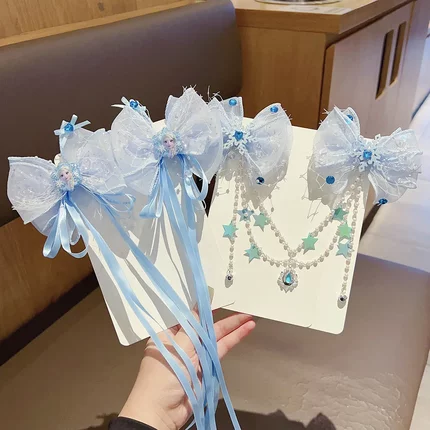 儿童蝴蝶结发夹女孩艾莎公主对夹女童演出头饰发卡眉心坠额连发饰