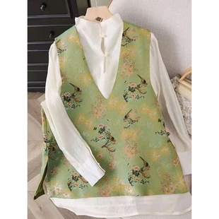 复古绿色印花高级感无袖 春季 国风气质新中式 新中式 百搭马甲 新款
