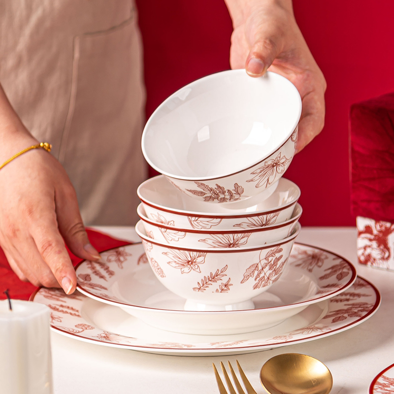 派一摩登家喜庆骨瓷碗碟盘子套装