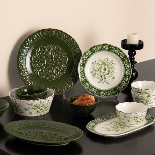 派一摩登家绿色浮雕餐具陶瓷复古