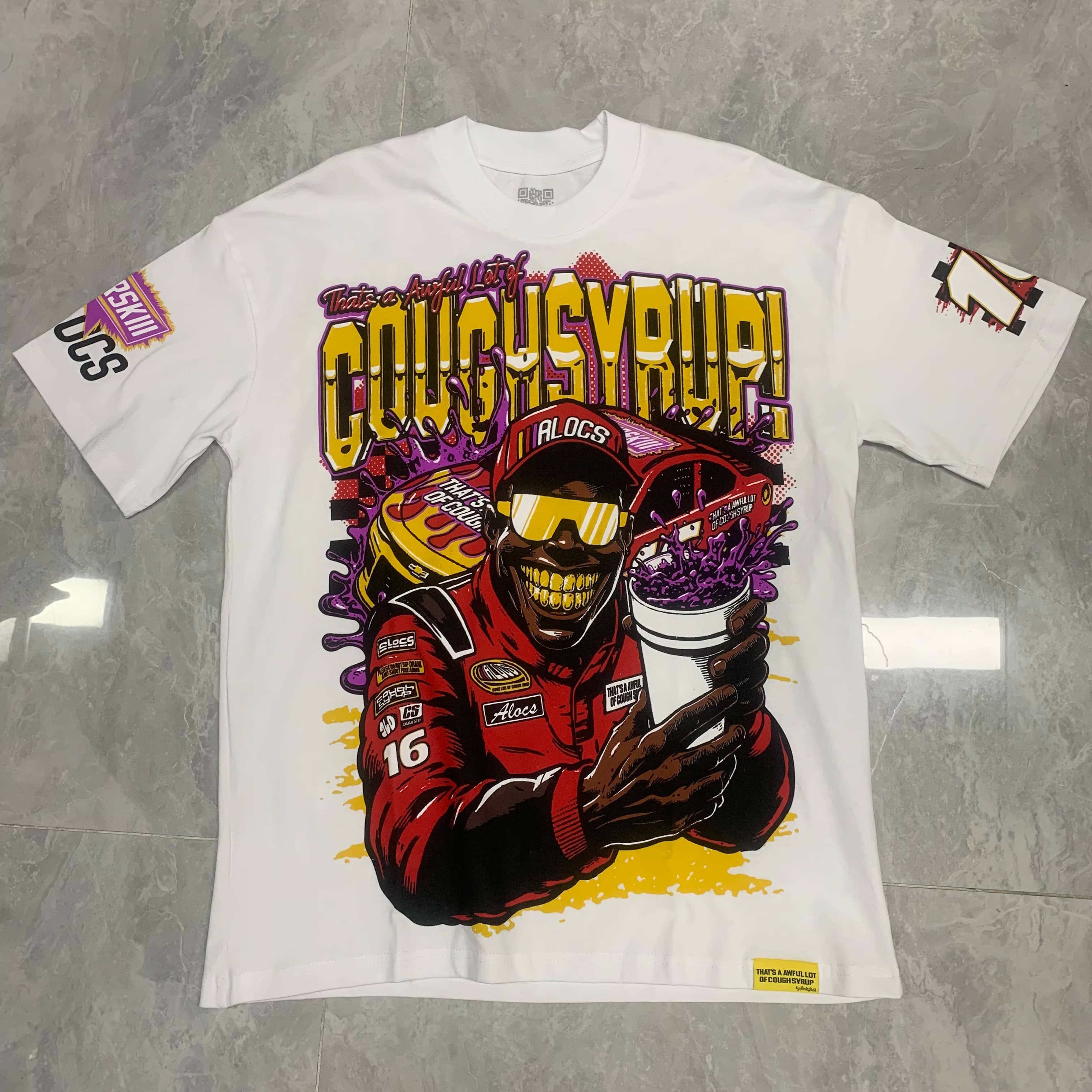 THAT'S A AWFUL LOT OF COUGH SYRUP 美潮时尚赛车手卡通印花短袖