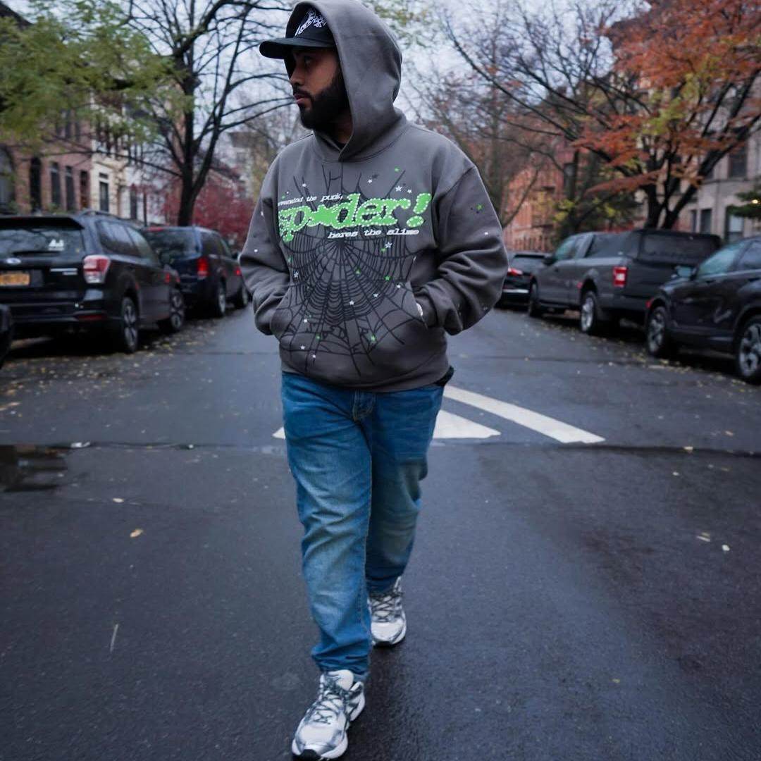 美式潮牌sp5der加绒连帽衫套装55555蜘蛛网发泡印花圆领宽松