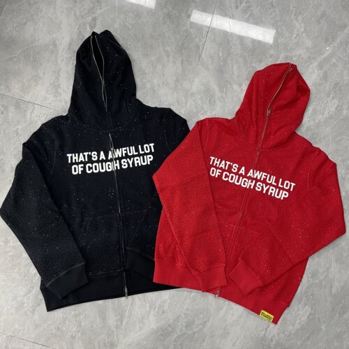 BLACK RHINESTONE HOODIE 黑色烫钻字母印花拉链卫衣