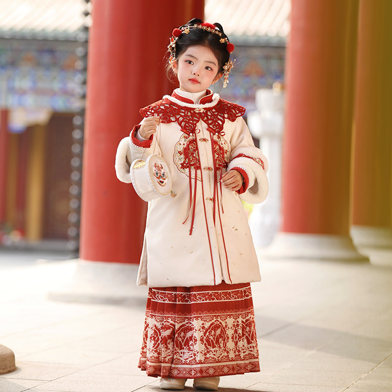 汉服女童冬装宝宝中国风唐装女孩加厚古装儿童新年过年拜年服套装