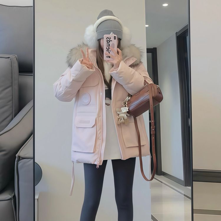 丹麦之冬极寒羽绒服女加厚大毛领粉色工装派克服2025新款冬装外套