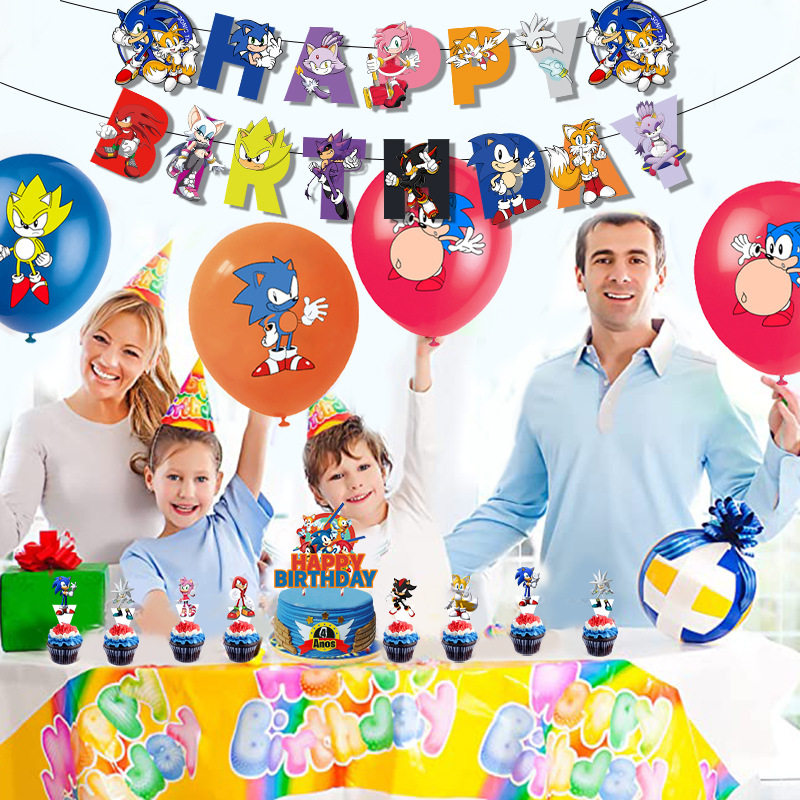 电影刺猬索尼克sonic儿童生日派对套装拉旗蛋糕插旗气球红色