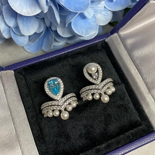 清冷又别致 约瑟芬皇冠钻戒珍珠戒指纯银镀18K金叠戴海蓝宝婚礼