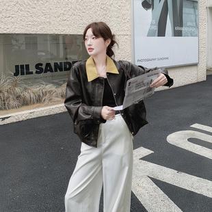 黑色撞色拼接皮衣外套女2025春秋款 PU夹克 复古小个子炸街时尚