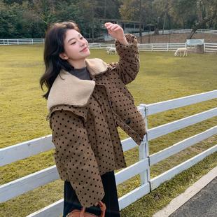 咖色娃娃领波点羽绒服女冬季70白鸭绒小个子加厚羊羔毛翻领短外套