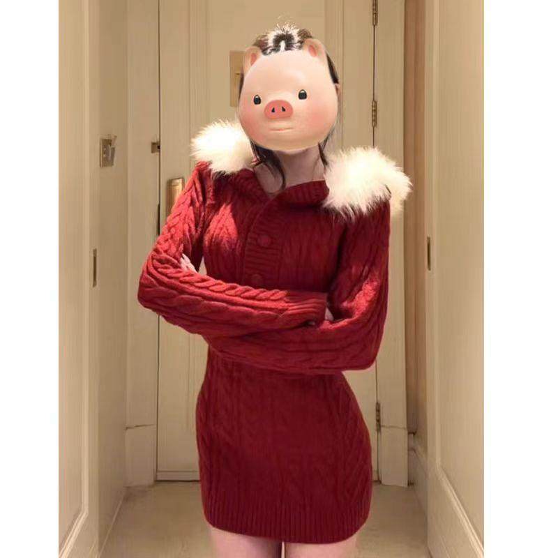 纯欲辣妹圣诞性感跨年战袍连衣裙女秋冬连帽毛领针织红色包臀裙子
