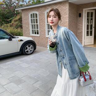 浅蓝色国风新中式盘扣高级感牛仔外套女秋新款小个子时尚显瘦上衣