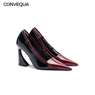CONVEQUA | 弧影 黑酒红拼色尖头高跟鞋女镂空细带设计感通勤单鞋