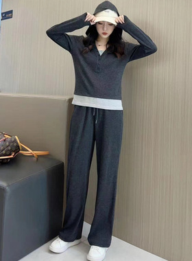 绵羊绒糯米套装女春款小个子慵懒风连帽拼接假两件百搭时尚运动服