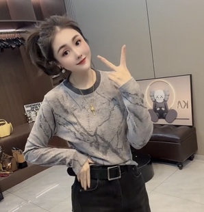 欧洲站2025冬季新款拼接晕染打底衫女时尚洋气百搭长袖套头上衣潮