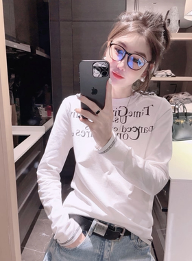 欧洲站2024冬季新款字母印花拼接明线t恤女时尚洋气百搭套头上衣