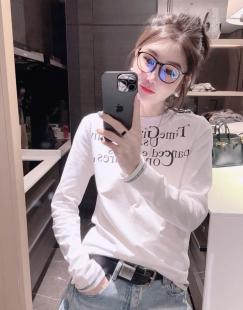 洋气百搭套头上衣 字母印花拼接明线t恤女时尚 欧洲站2024冬季 新款