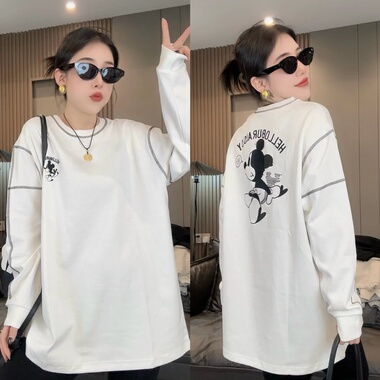 2025秋季新款前后字母米奇印花拼接明线t恤女宽松时尚百搭上衣潮
