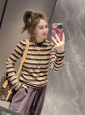 欧洲站2025冬季新拼接条纹t恤女时尚洋气百搭长袖圆领套头上衣潮