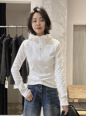 欧货2025春季新款纯色拼接半拉链连帽t恤女时尚洋气百搭长袖上衣