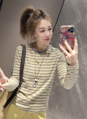 欧洲站2025冬季新款字母图案拼接条纹t恤女时尚洋气百搭套头上衣