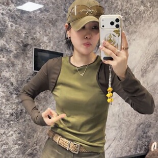 欧洲站2026秋季新款拼接长袖假两件t恤女时尚洋气百搭套头上衣潮