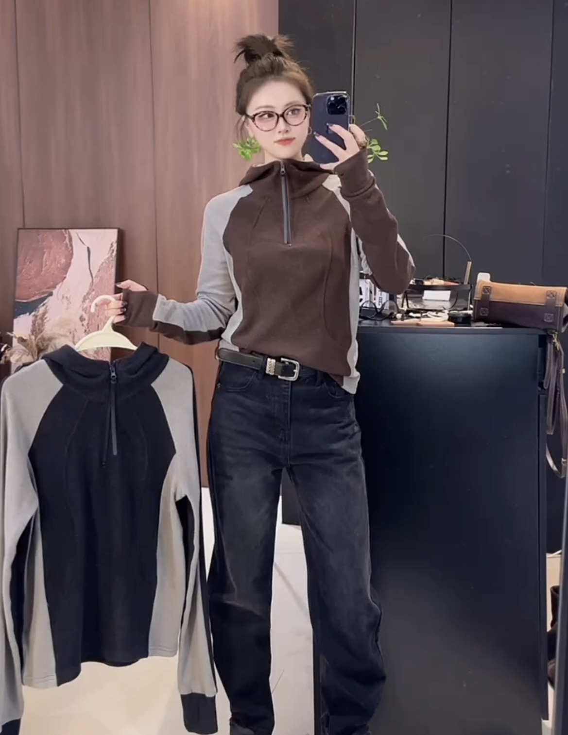 2025冬季新款拼接半拉链磨毛拼色连帽t恤女时尚洋气百搭套头上衣