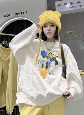欧货2024冬季新款字母唐老鸭印花卫衣女时尚洋气百搭长袖套头上衣