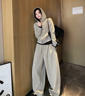 欧洲站2026秋季新款时尚套装女纯色净版拼接拉链连帽外套+裤子潮