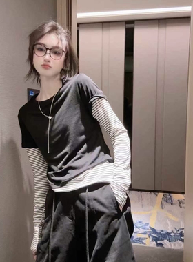 欧货2025春季新款时尚两件套女条纹长袖打底衫+纯色净版短袖上衣